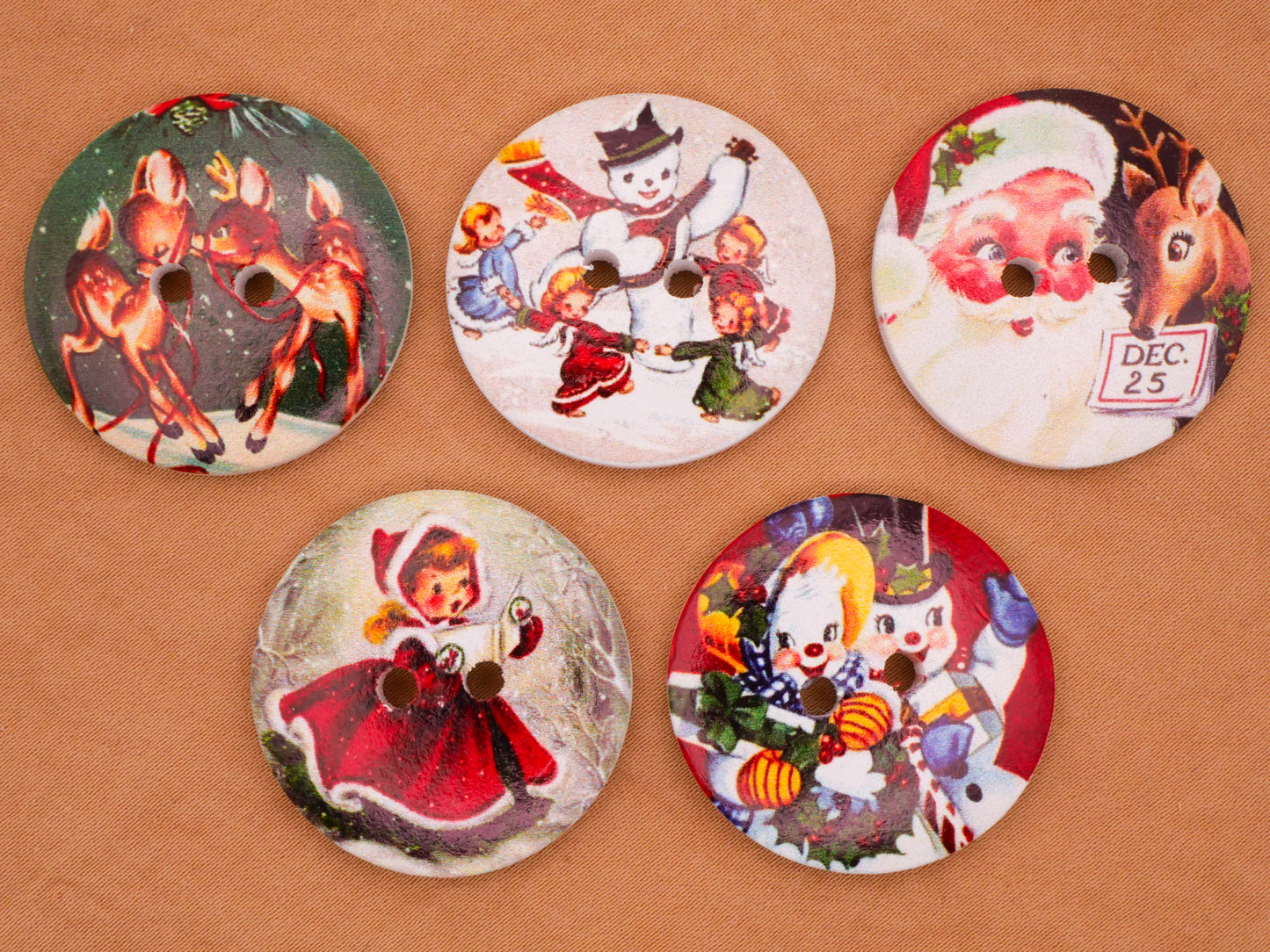 Christmas Santa Reindeer Santa Snowman Wood Set of Five Buttons 30mm