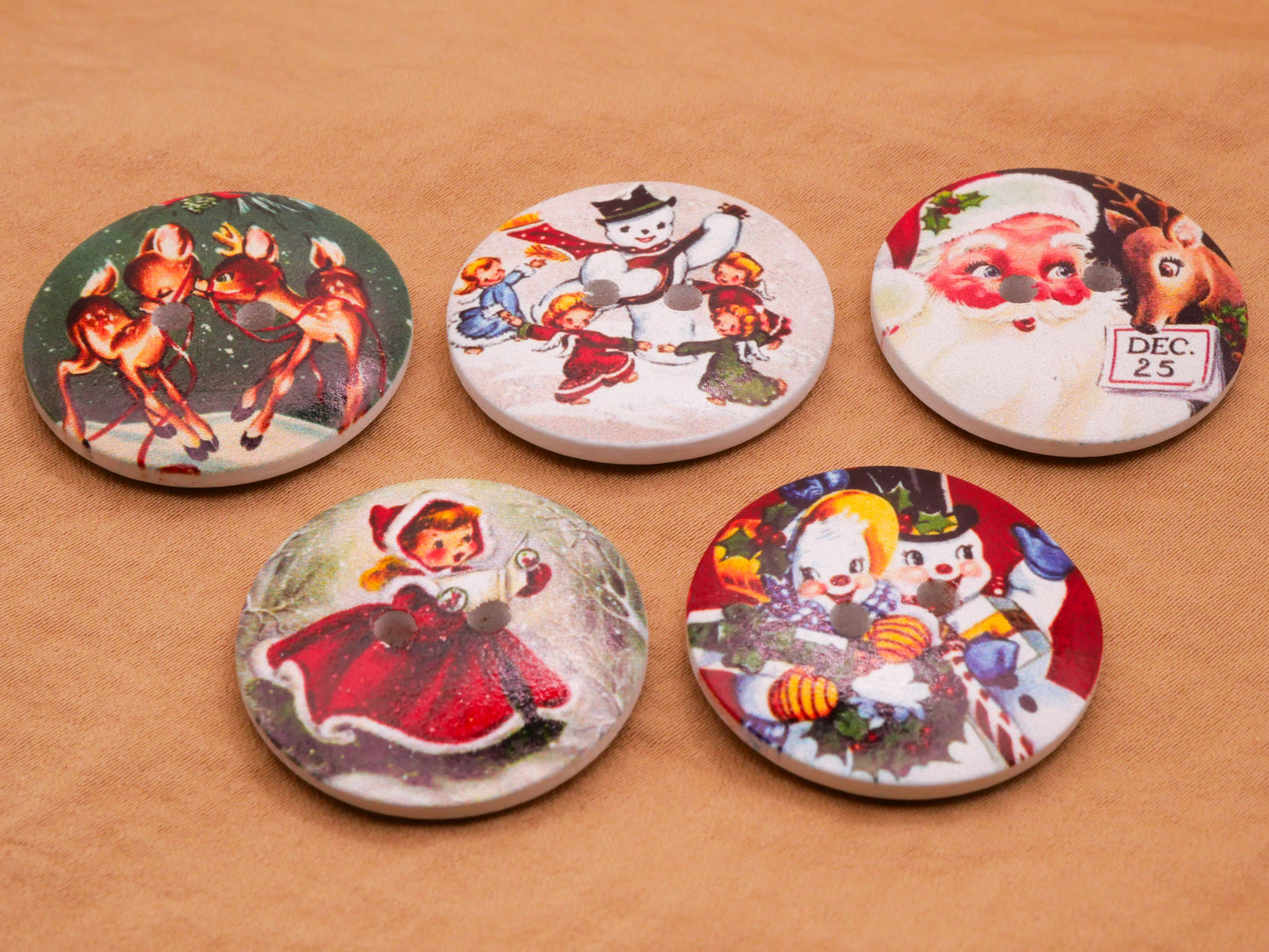 Christmas Santa Reindeer Santa Snowman Wood Set of Five Buttons 30mm