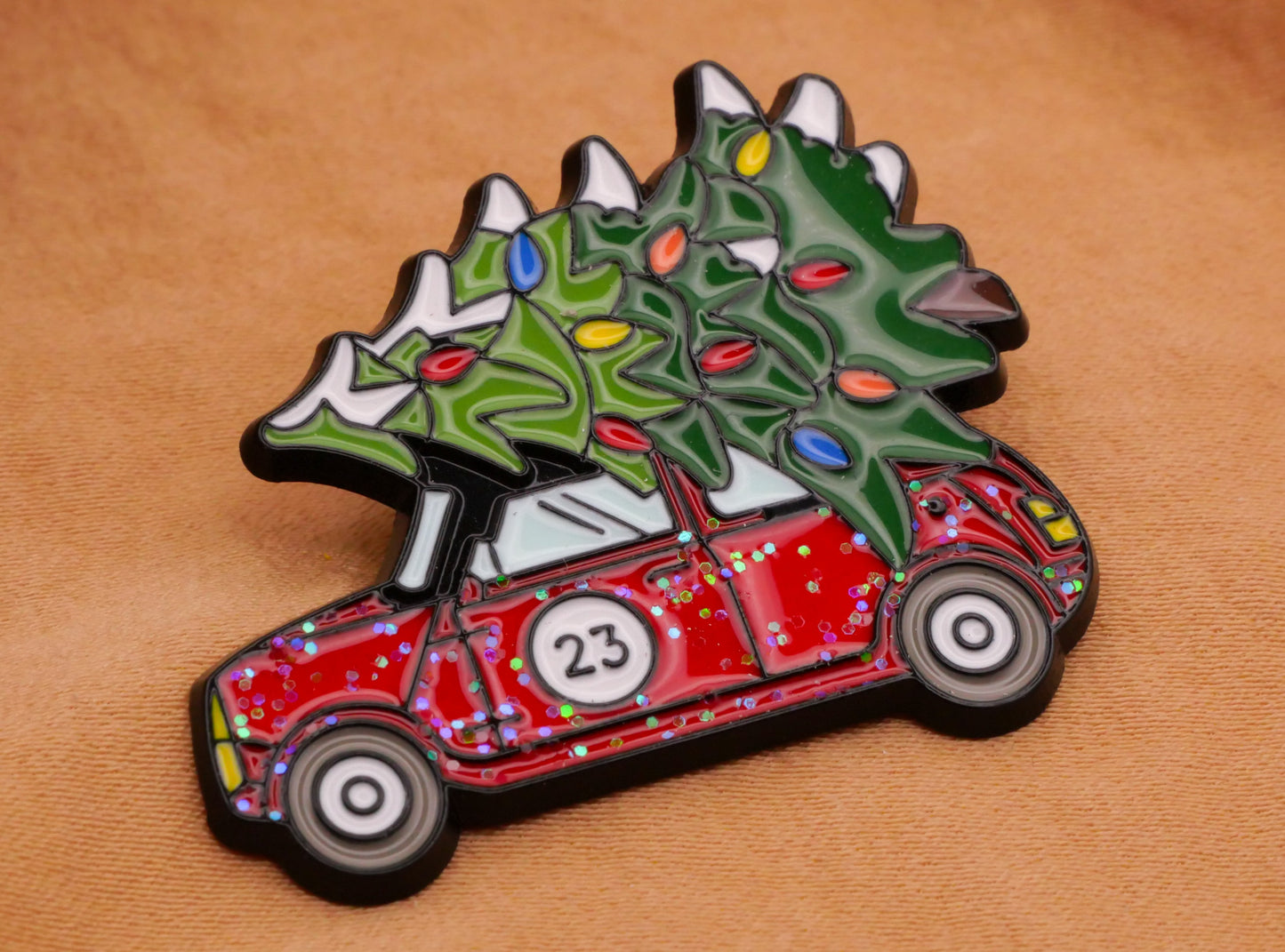 Christmas Tree Race Car Glitter Enamel Metal Button 31x36mm