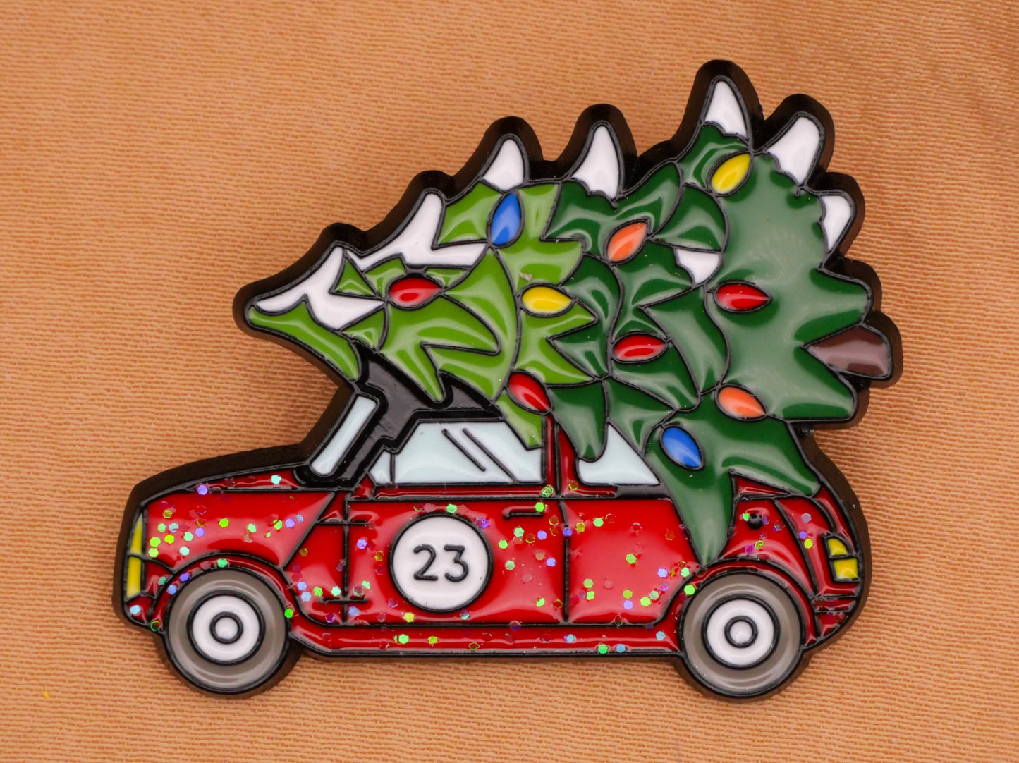 Christmas Tree Race Car Glitter Enamel Metal Button 31x36mm