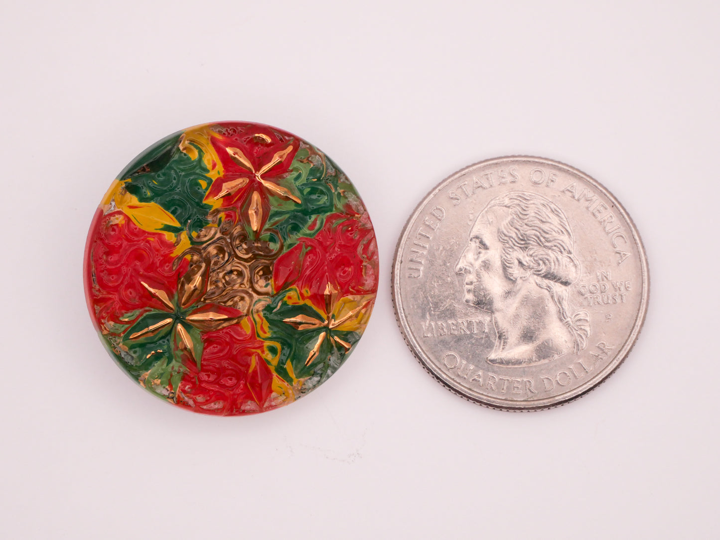 Christmas Stars Red Green Gold Reverse Painted Czech Glass Button 27mm