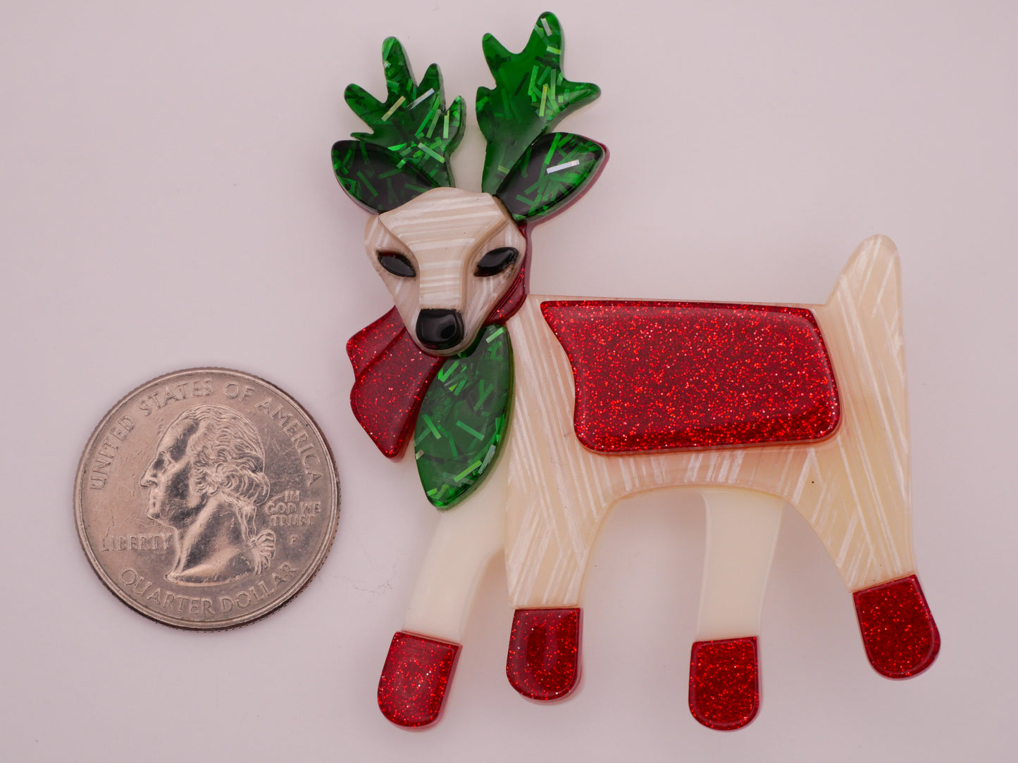 Reindeer Deer Red Green Glitter Large Acrylic Plastic Button 51x66mm