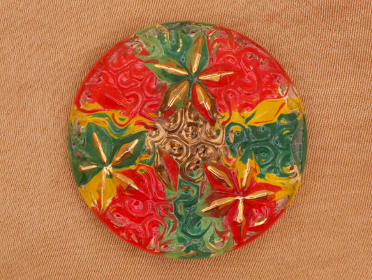 Christmas Stars Red Green Gold Reverse Painted Czech Glass Button 27mm