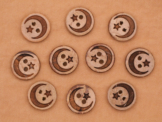 Crescent Moon Star Coconut Shell Set of Ten Buttons 13mm