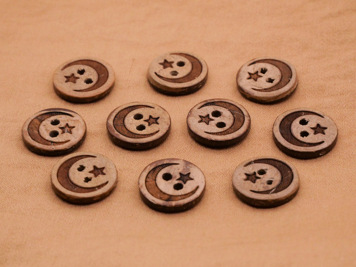 Crescent Moon Star Coconut Shell Set of Ten Buttons 13mm