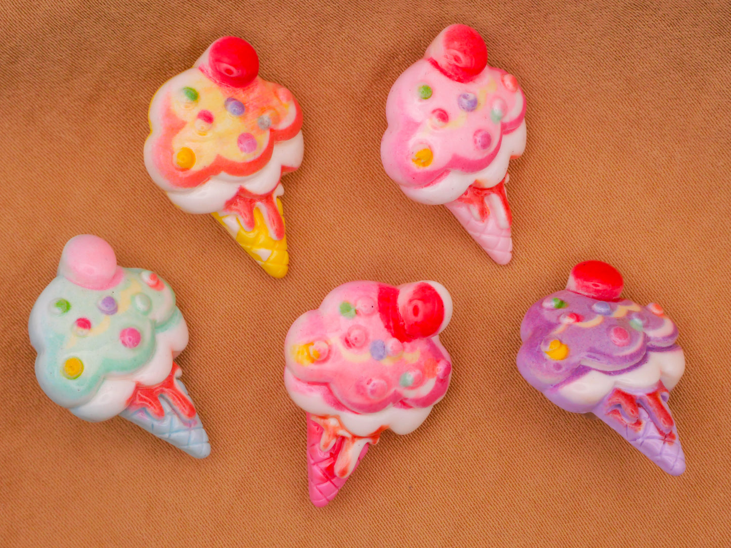 Ice Cream Cone Sprinkles Cherry Plastic Set of Five Buttons 16x24mm