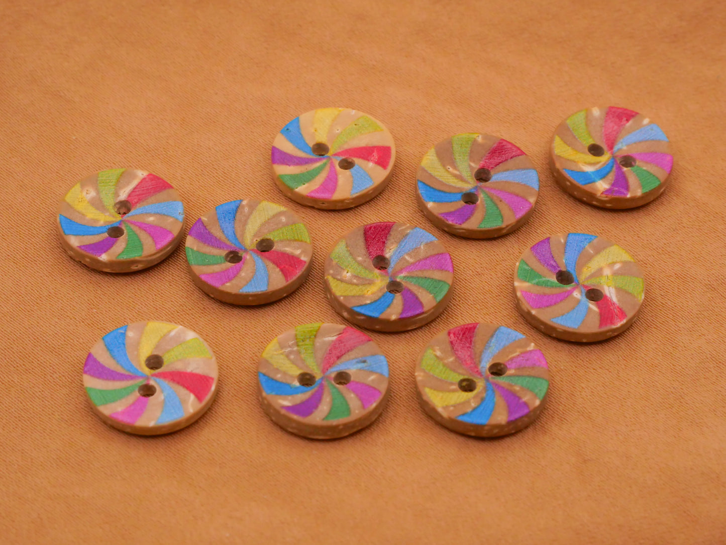 Rainbow Stripe Swirl Coconut Shell Set of Ten Buttons 13mm