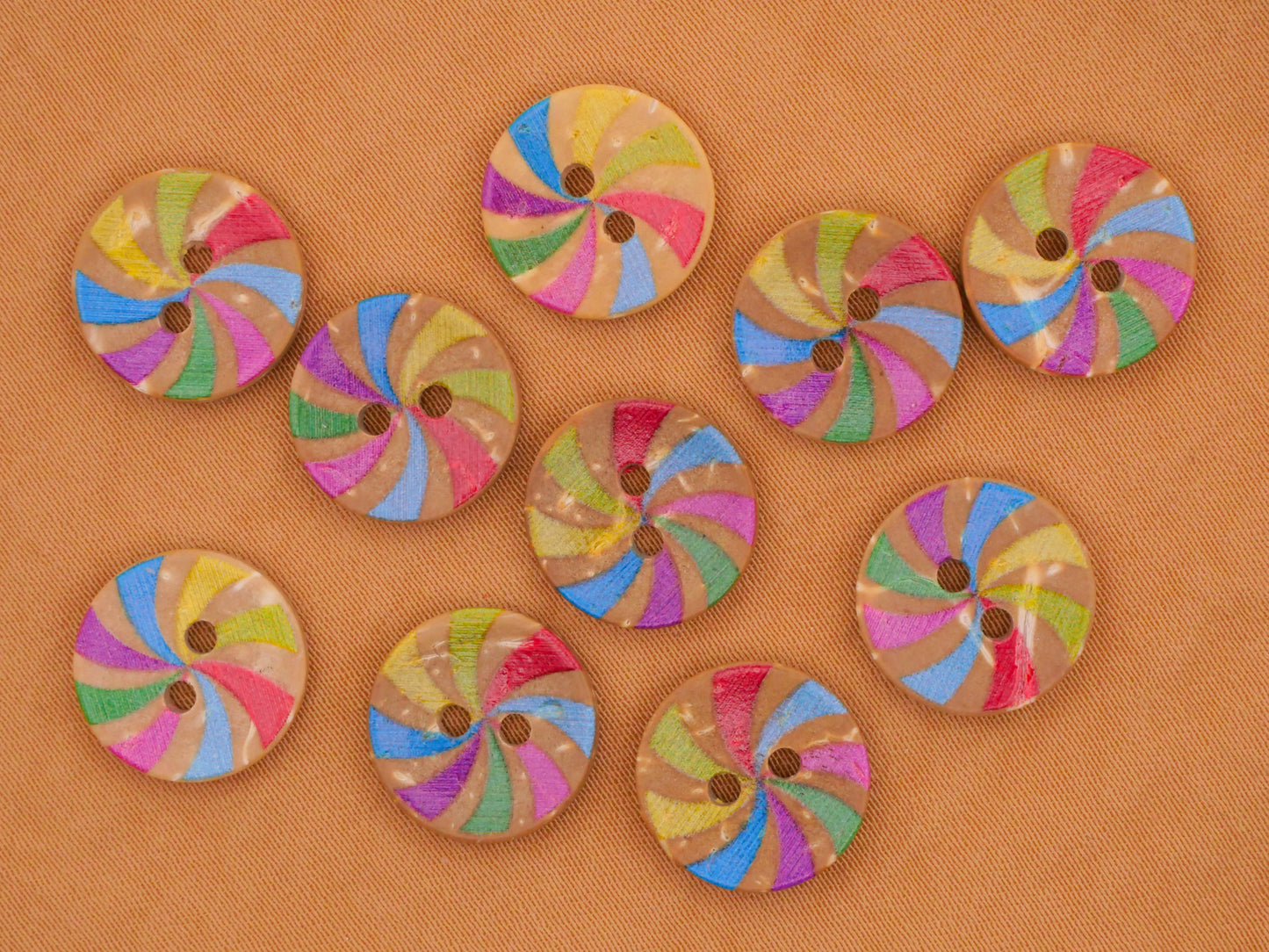 Rainbow Stripe Swirl Coconut Shell Set of Ten Buttons 13mm