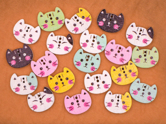 Kitty Cat Face Wood Assorted Set of Twenty Buttons 13x16mm