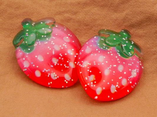 Strawberry Fruit Glitter Plastic Pair of Buttons 23x31mm