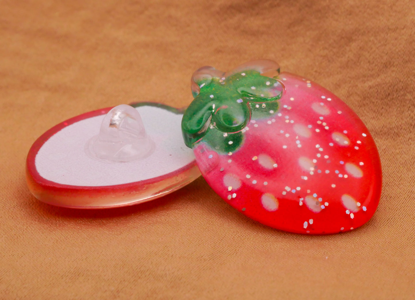 Strawberry Fruit Glitter Plastic Pair of Buttons 23x31mm