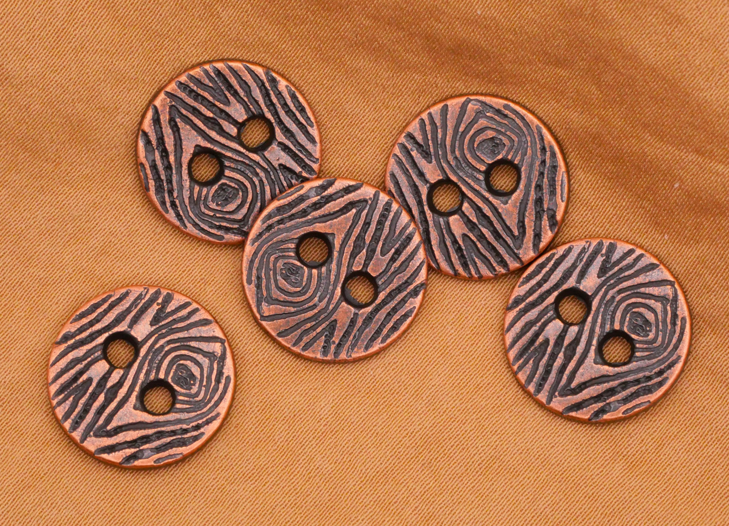 Wood Grain Design Copper Metal Set of Five Buttons 15mm