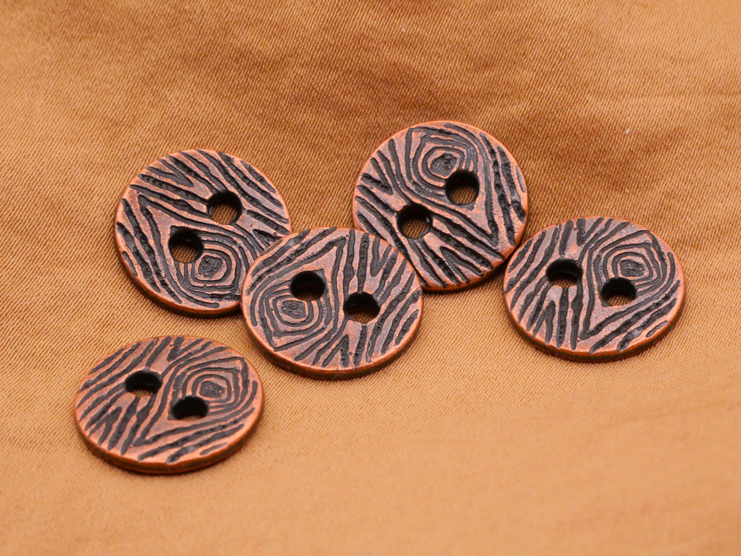 Wood Grain Design Copper Metal Set of Five Buttons 15mm