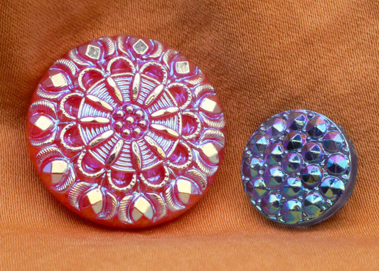 Iridescent Steel Cut Look Vintage Glass Pink Blue Button Various 13-23mm