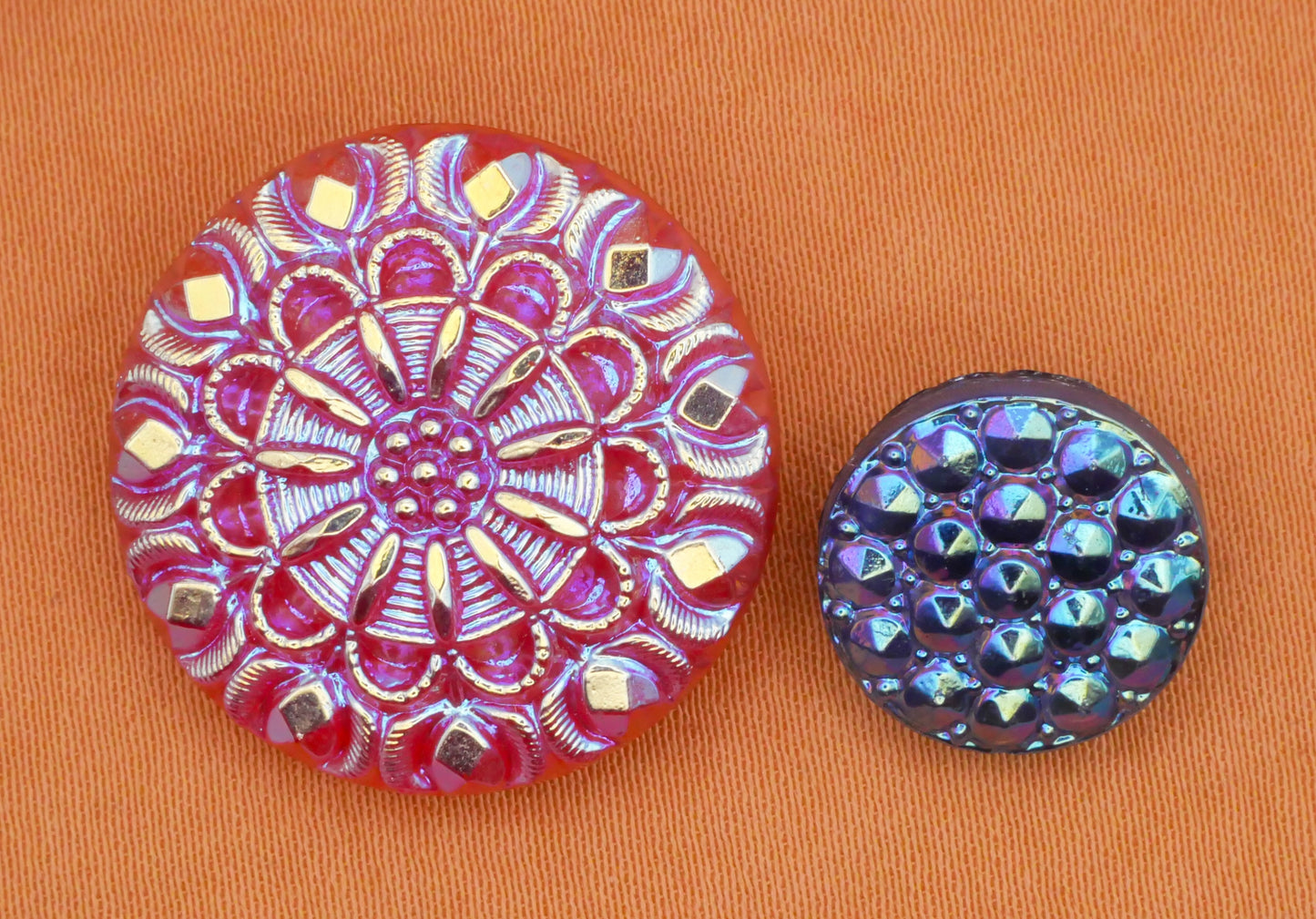 Iridescent Steel Cut Look Vintage Glass Pink Blue Button Various 13-23mm