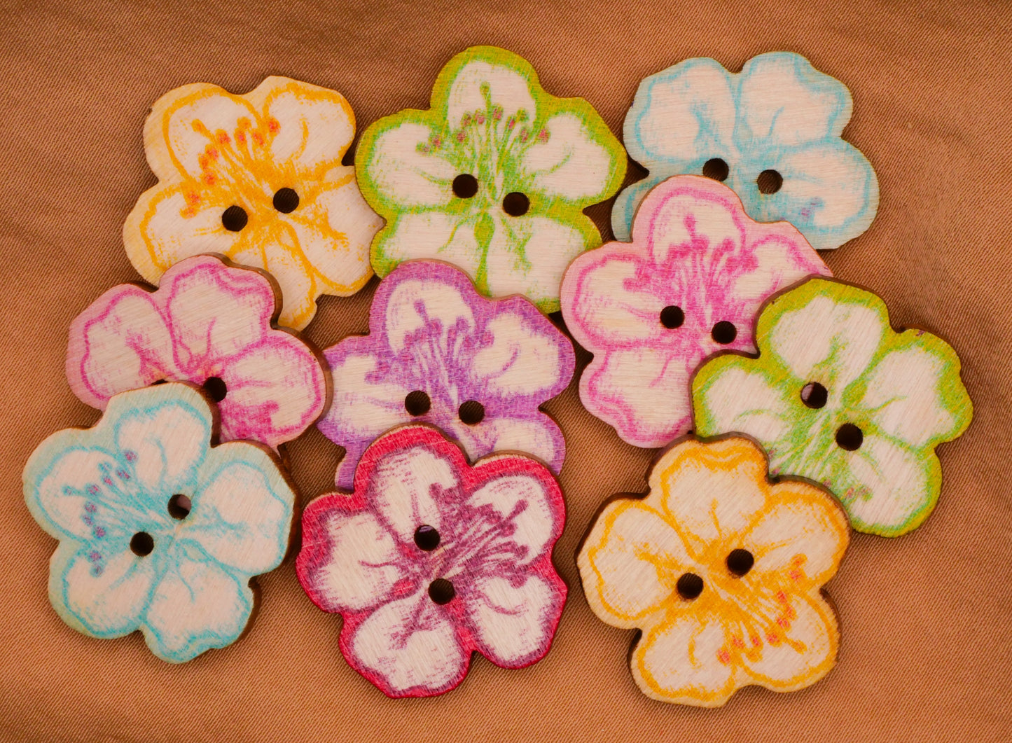 Hibiscus Colorful Wood Assorted Set of Ten Buttons 25mm