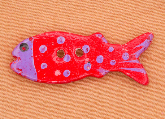 Fish Red Purple Hand-Painted Ceramic Vintage Button 14x35mm