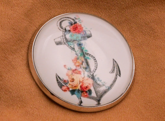 Anchor Flowers Glass Silver Metal Button 27mm