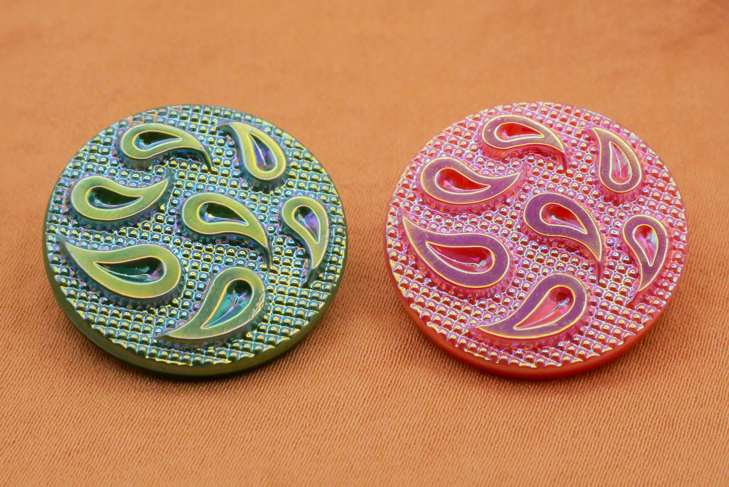 Paisley Raindrop Pink Green Vintage Czech Glass Button Various 23mm