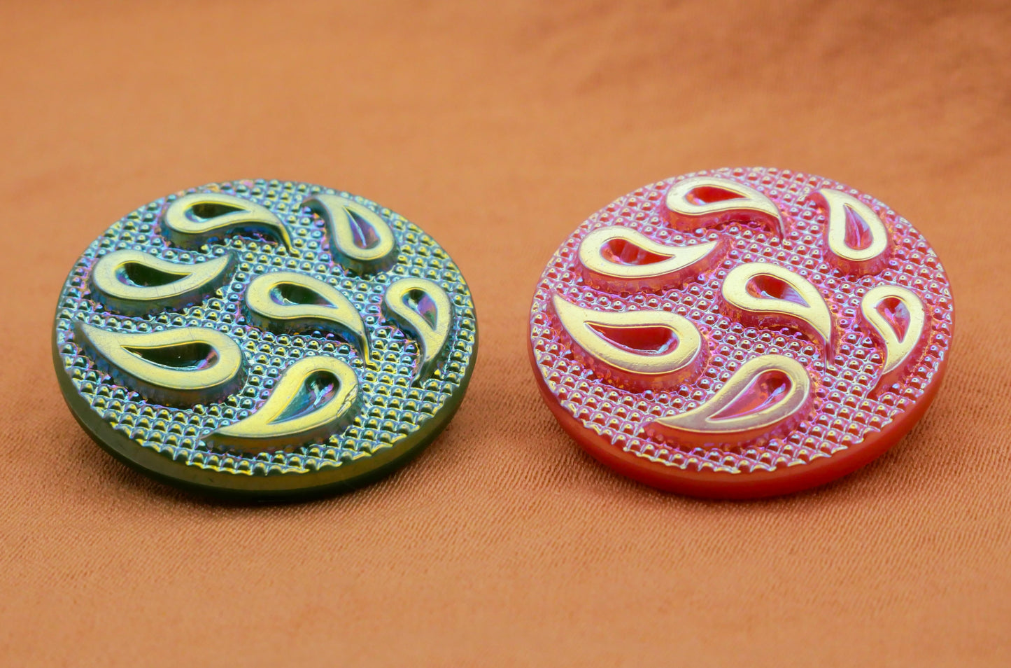 Paisley Raindrop Pink Green Vintage Czech Glass Button Various 23mm