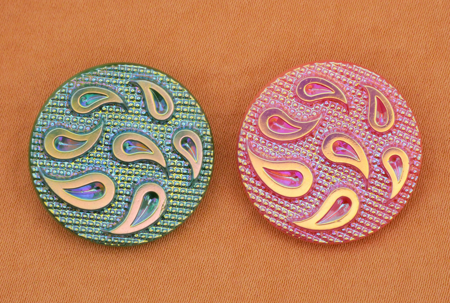 Paisley Raindrop Pink Green Vintage Czech Glass Button Various 23mm