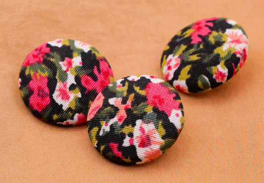 Flower Pattern Pink Green Black Fabric Covered Set of Three Buttons 23mm