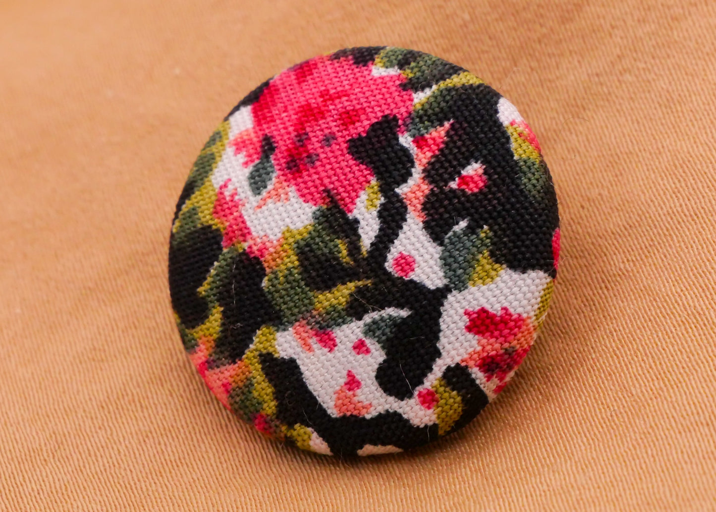 Flower Pattern Pink Green Black Fabric Covered Set of Three Buttons 23mm