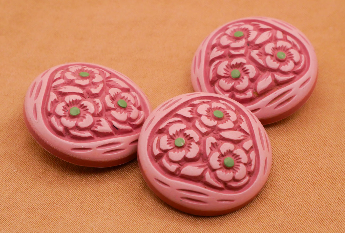 Flower Trio Pink Green Buffed Celluloid Vintage Button 22mm