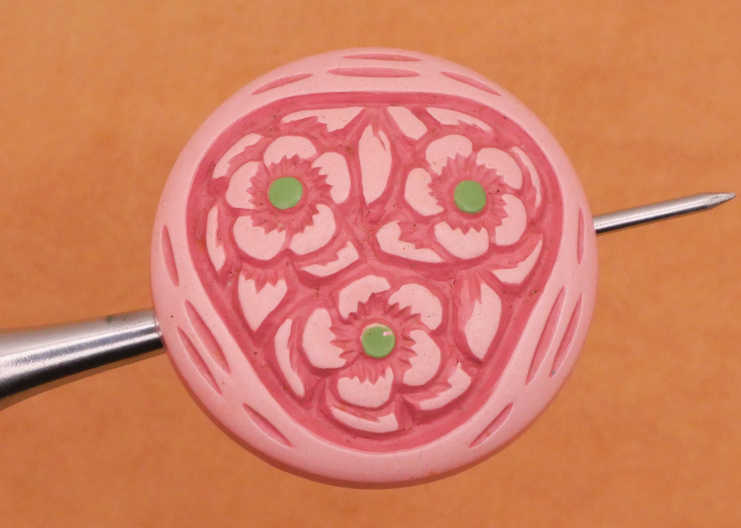 Flower Trio Pink Green Buffed Celluloid Vintage Button 22mm