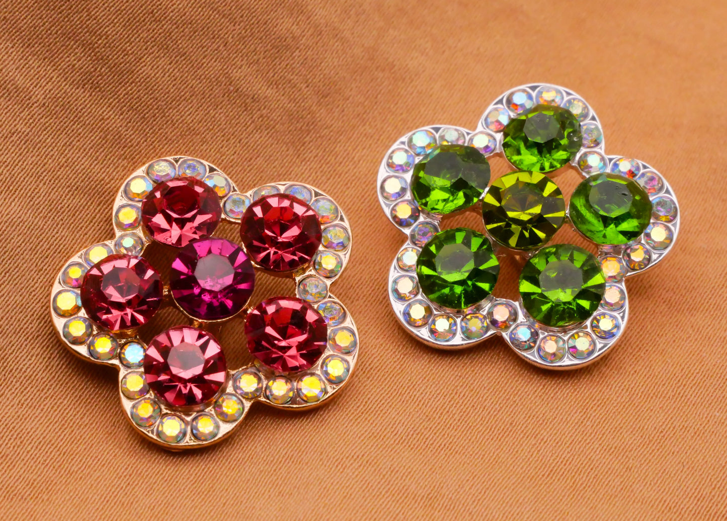 Flower Rhinestone Pink Green Metal Button Various 22mm