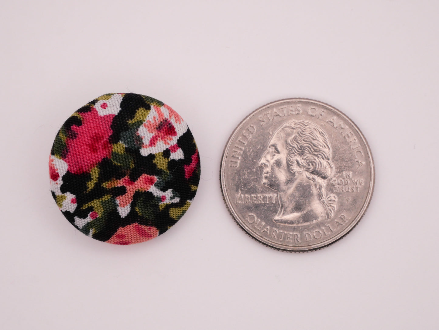 Flower Pattern Pink Green Black Fabric Covered Set of Three Buttons 23mm