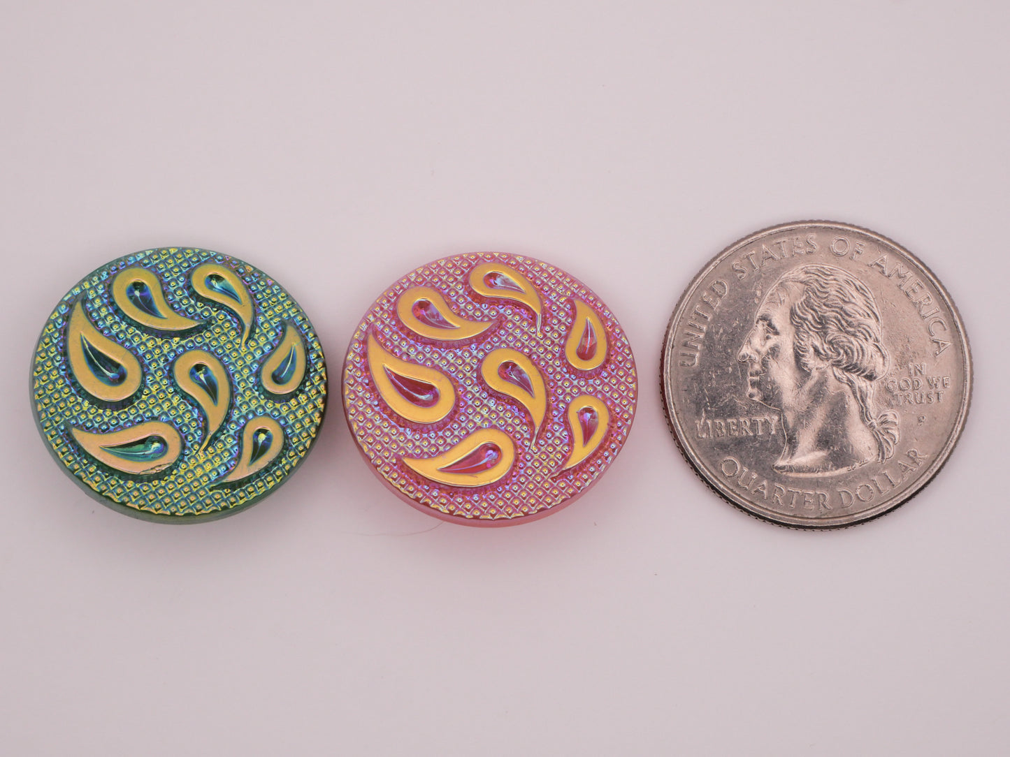 Paisley Raindrop Pink Green Vintage Czech Glass Button Various 23mm