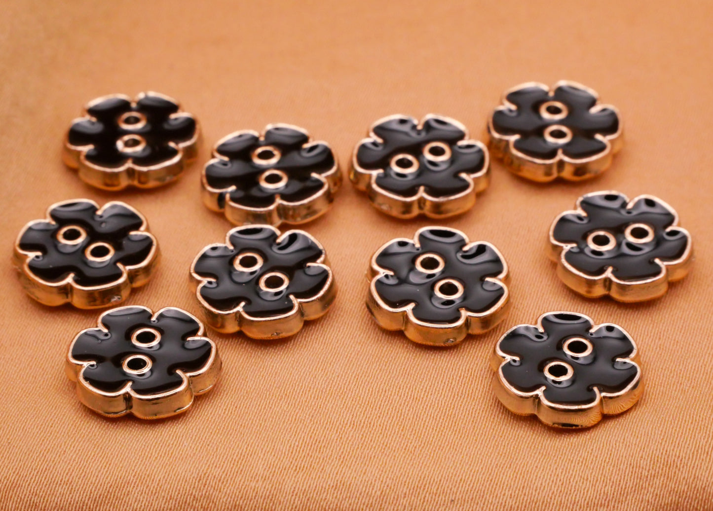 Flower Black Enamel Plastic Set of Ten Buttons 13mm