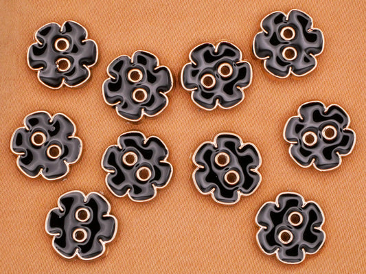 Flower Black Enamel Plastic Set of Ten Buttons 13mm