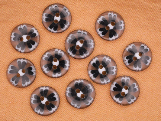 Flower Black White Vintage Plastic Set of Ten Buttons 13mm