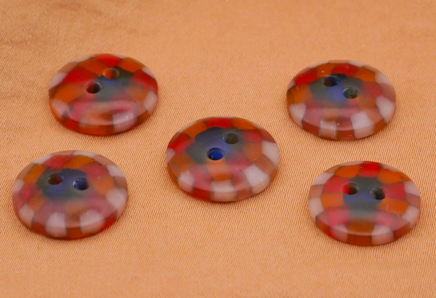 Mosaic Orange Blue Vintage Plastic Set of Five Buttons 14mm