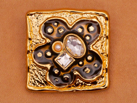 Flower Rhinestone Enamel Square Gold Metal Button 23mm