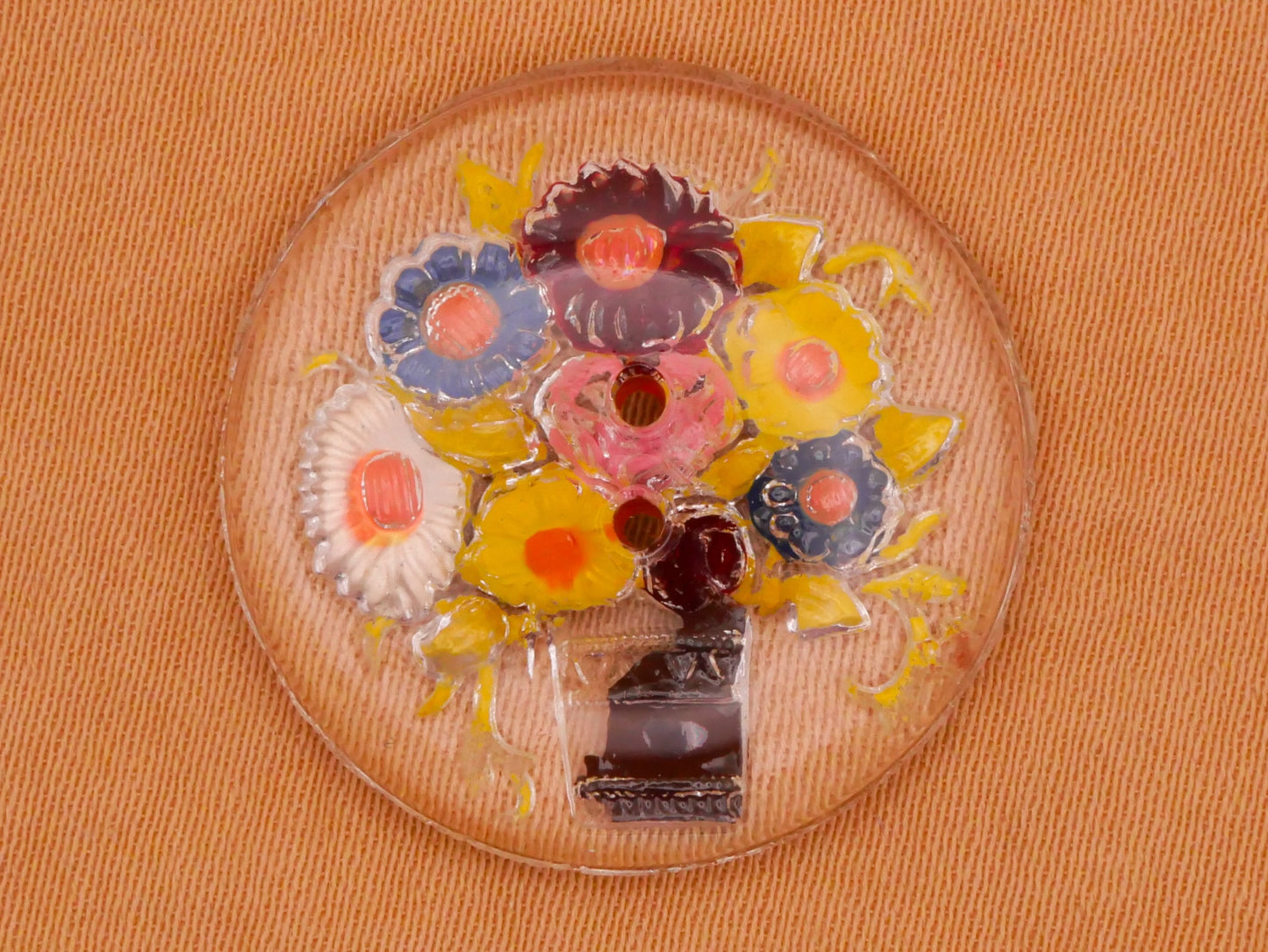 Flower Bouquet Vase Intaglio Painted Vintage Glass Button 23mm