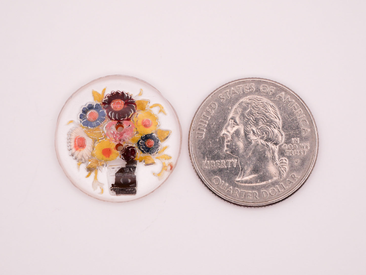 Flower Bouquet Vase Intaglio Painted Vintage Glass Button 23mm