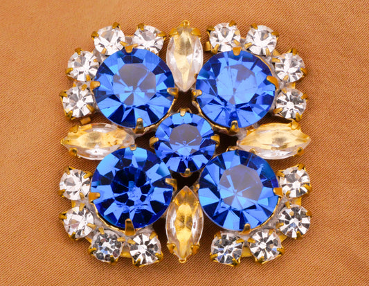 Sapphire Blue Czech Glass Rhinestone Square Large Vintage Metal Button 35mm