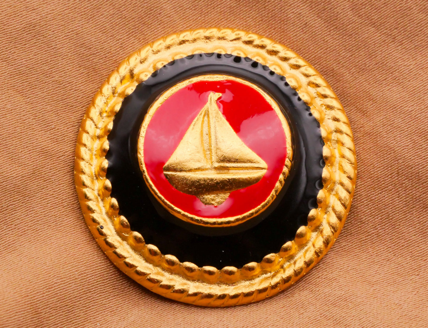 Sailing Ship Sailboat Red Enamel Gold Metal Large Button 32mm