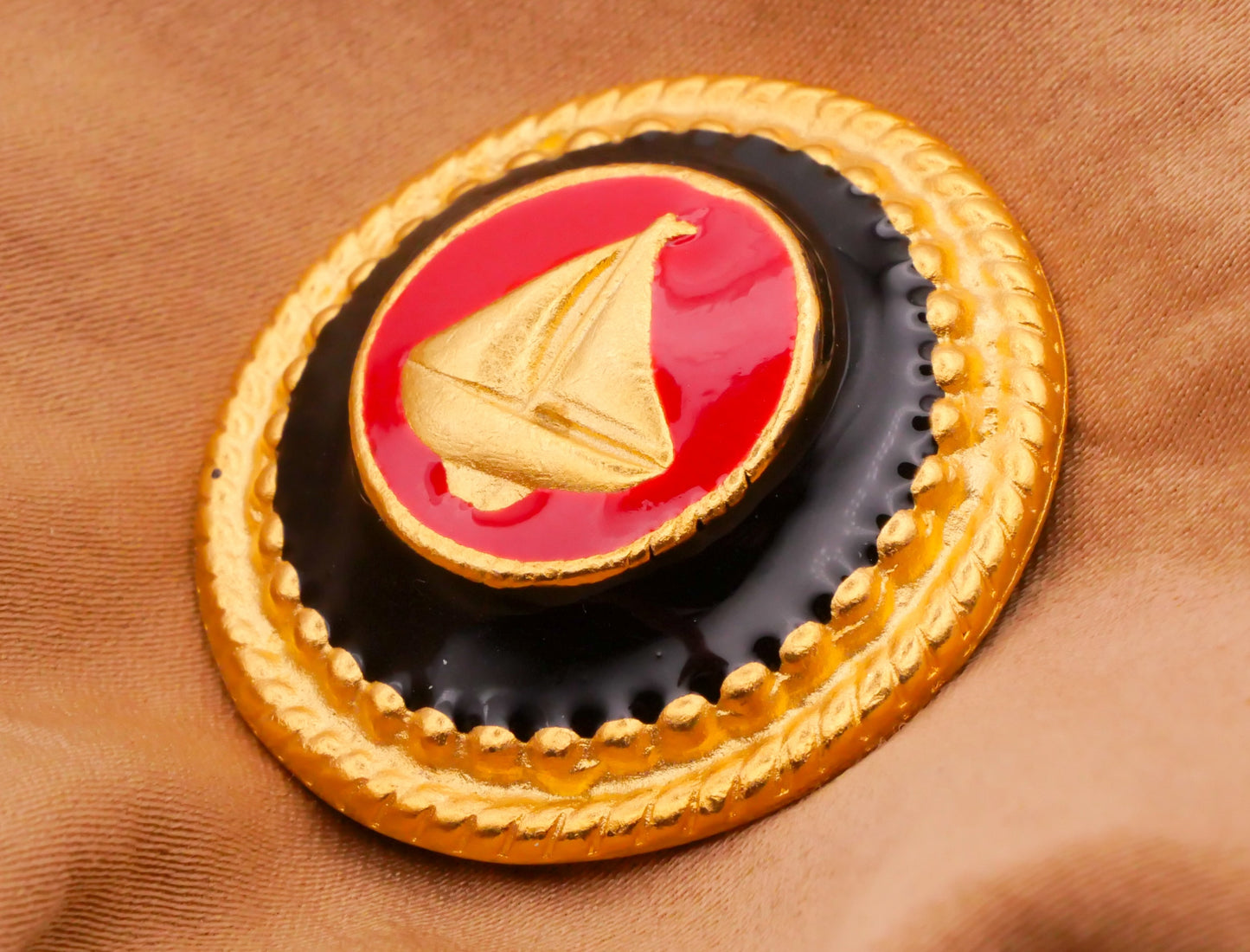 Sailing Ship Sailboat Red Enamel Gold Metal Large Button 32mm