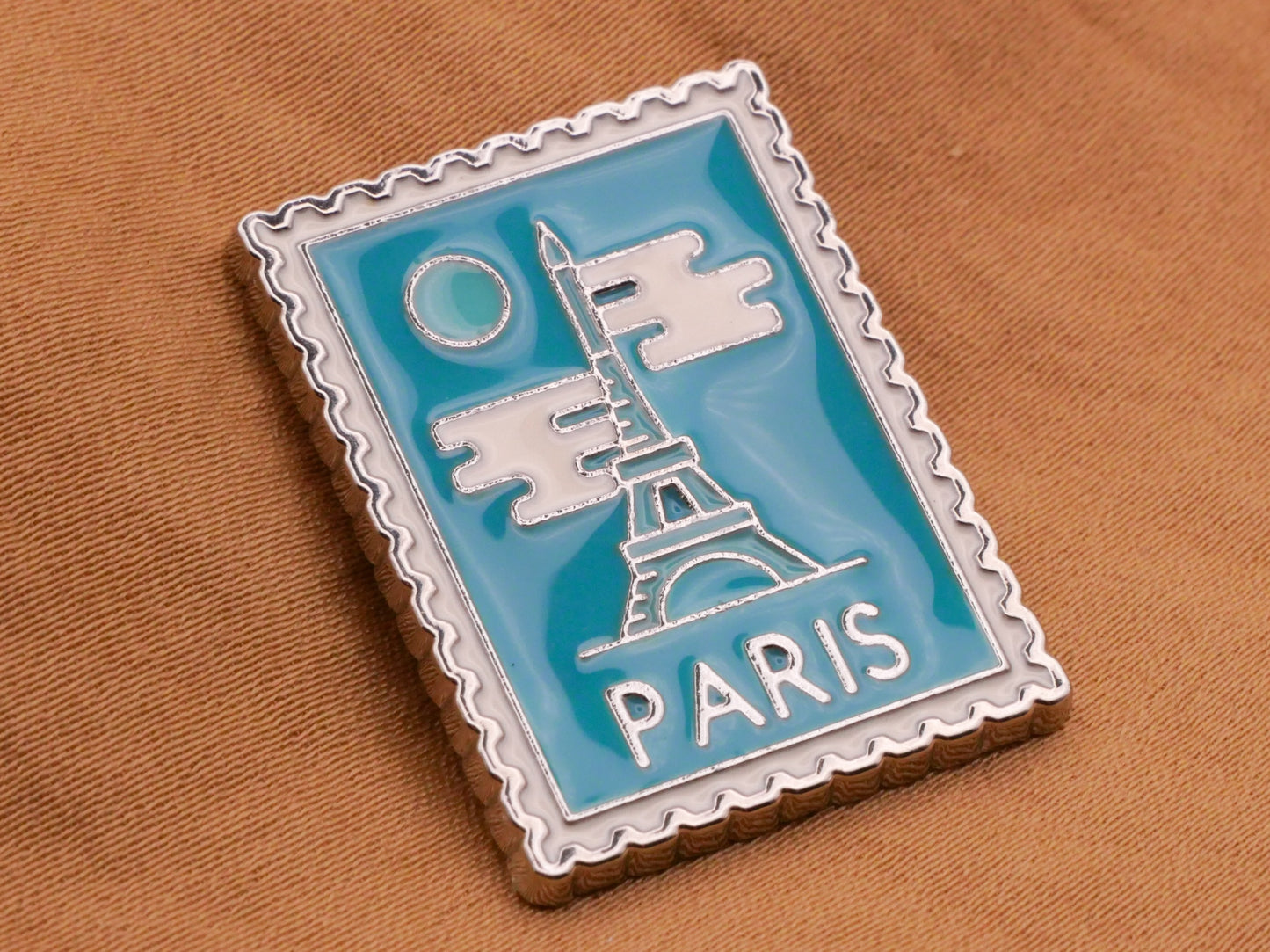 Paris France Eiffel Tower Moon Stamp Turquoise Blue Enamel Silver Metal Button 21x28mm