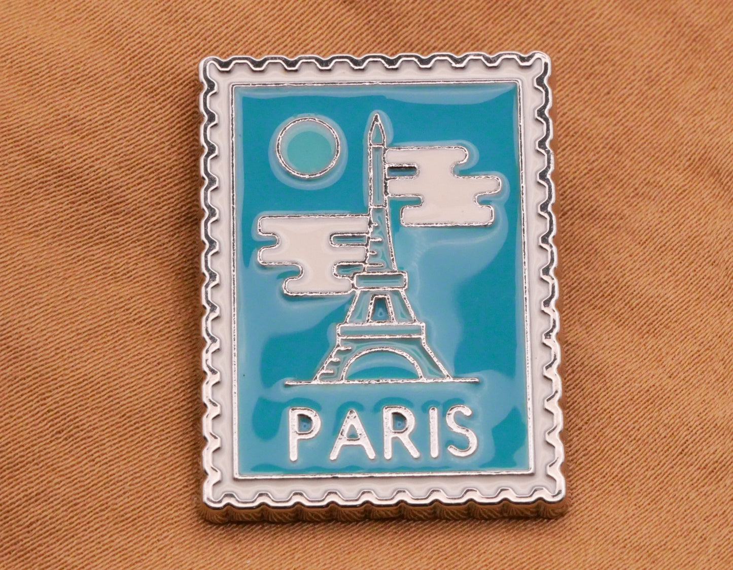 Paris France Eiffel Tower Moon Stamp Turquoise Blue Enamel Silver Metal Button 21x28mm