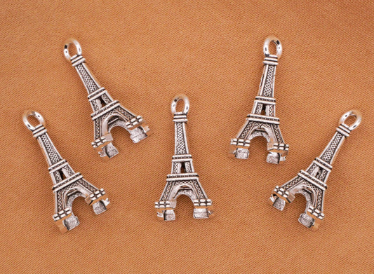 Eiffel Tower Paris France Silver Metal Set of Five Charms Embellishments 9x20mm