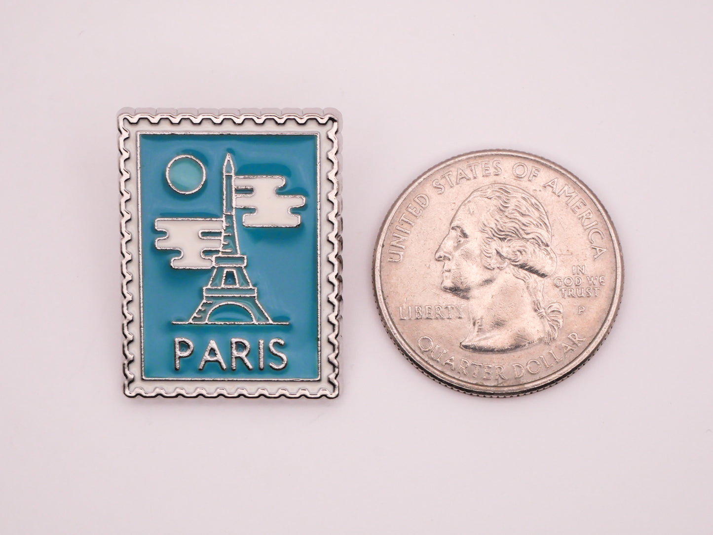 Paris France Eiffel Tower Moon Stamp Turquoise Blue Enamel Silver Metal Button 21x28mm