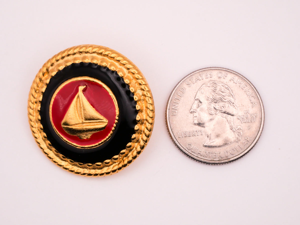 Ship Button Sailing Ship Sailboat Red Enamel Gold Metal Large Button 32mm – Button ...