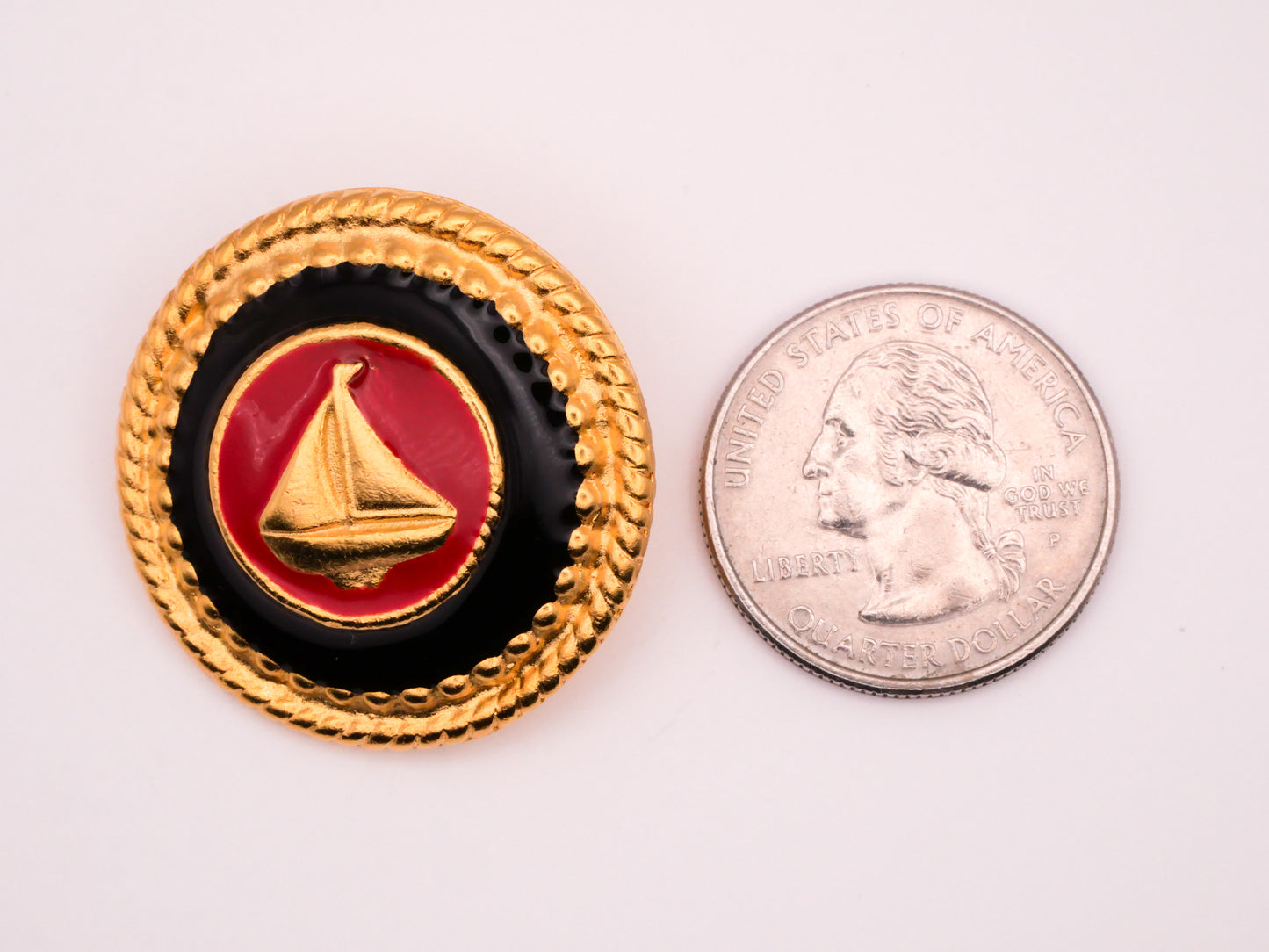 Sailing Ship Sailboat Red Enamel Gold Metal Large Button 32mm