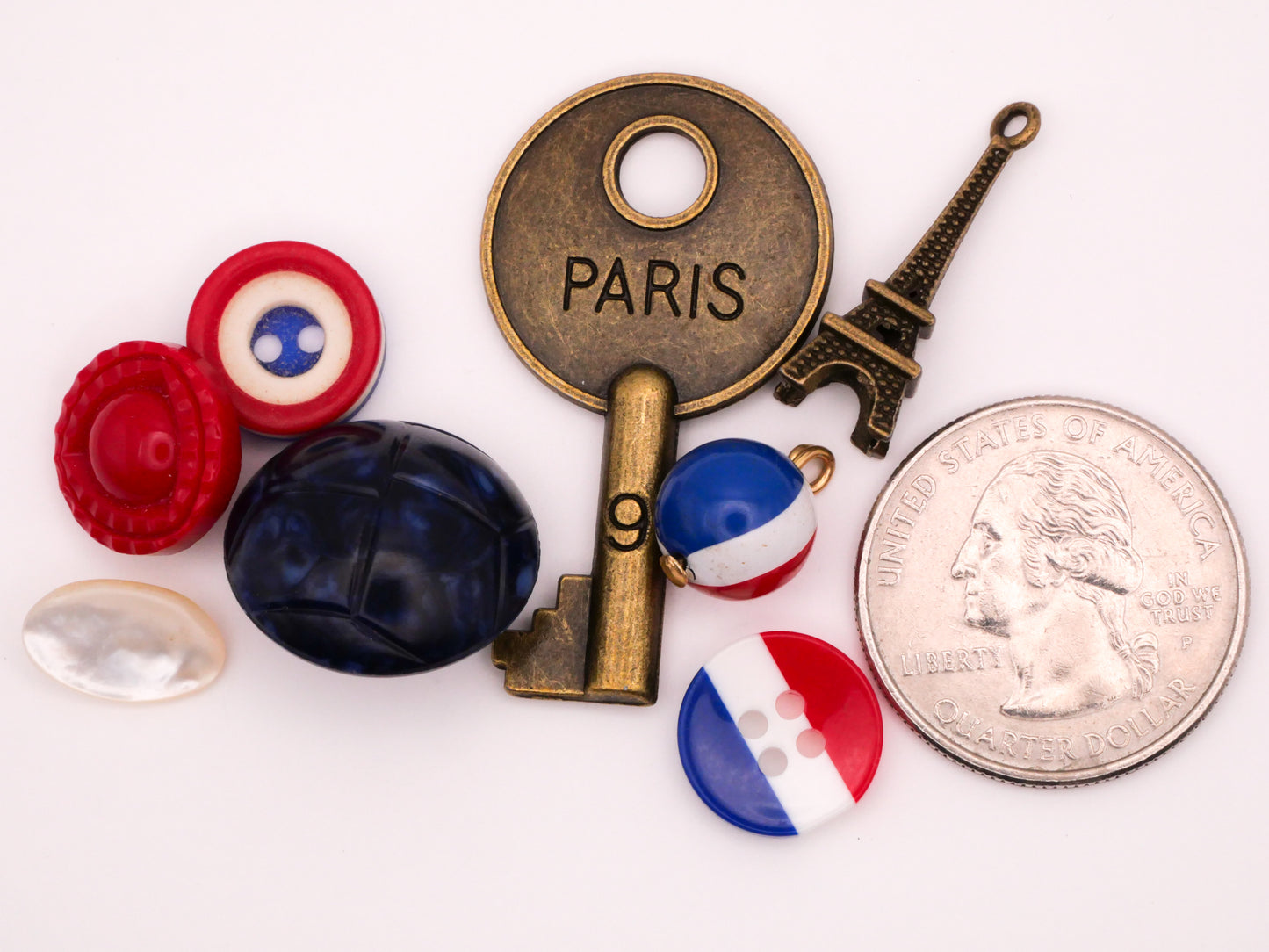 Paris France Glass Mother of Pearl Plastic Metal Set of Eight Buttons Embellishments 18-40mm