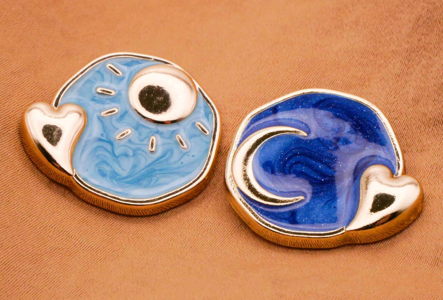 Sun Moon Heart Blue Enamel Glitter Soft Gold Metal Pair of Buttons 21x23mm